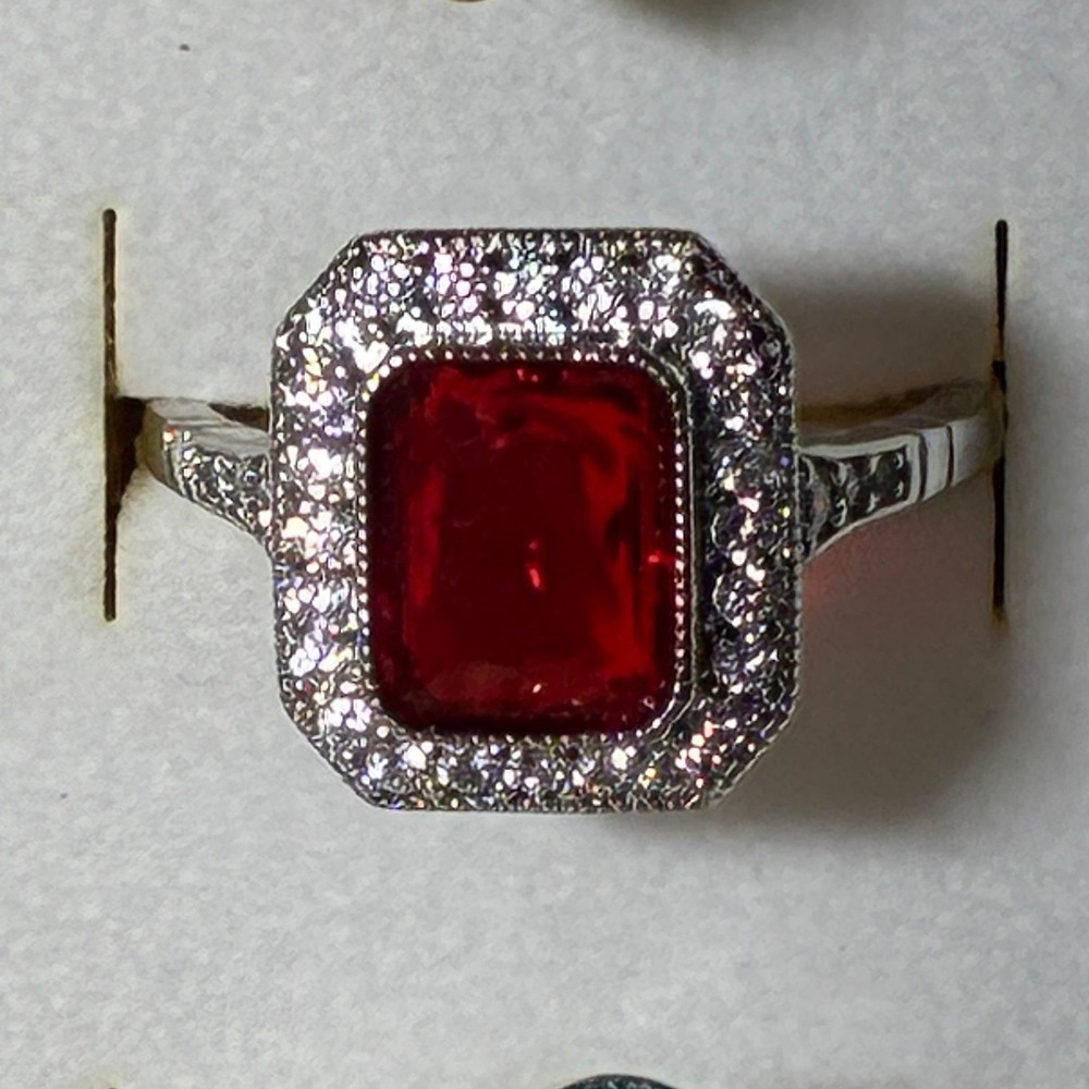 Red Emerald Cut Cubic Zirconia Halo Cocktail Ring Silver Tone Size 8 Excellent